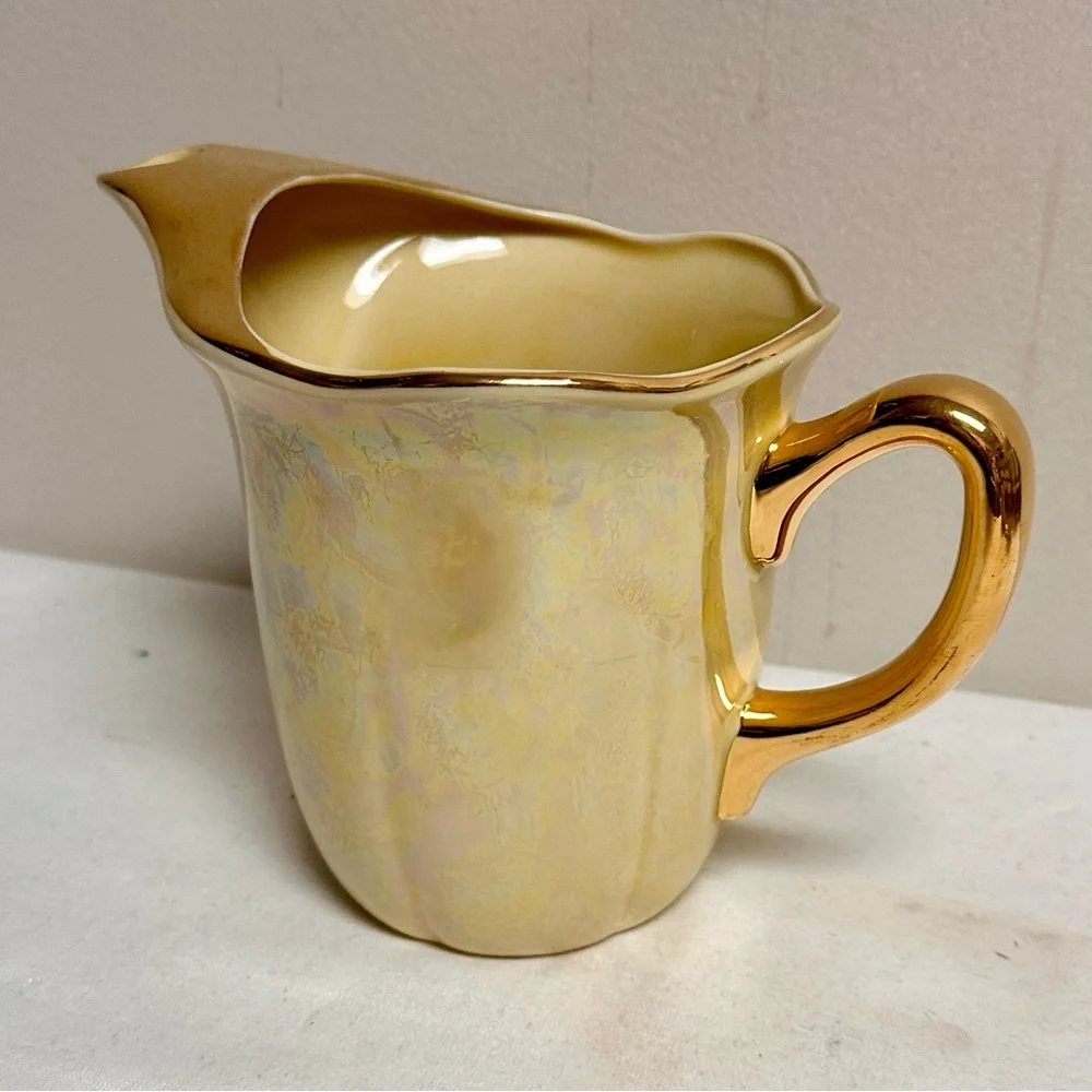 Iridescent Yellow Lustreware Ceramic Pitcher 22K Gold Trim